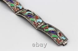 Vintage 1000 Sterling Silver Panel Bracelet With Enameled Cloisonne Flowers