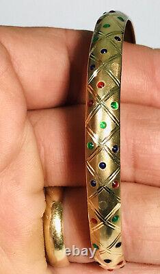 Vintage 10k Gold Bangle Bracelet With Safety Clasp Enamel Stones 7.5 5.2g