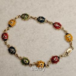Vintage 14K Italy Enamel Ladybug Bracelet Burdick 585 Gold Rare 6.48g