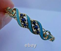 Vintage 14K Yellow Gold Sodalite, Turquoise, and Enamel Bracelet 6.5 Long