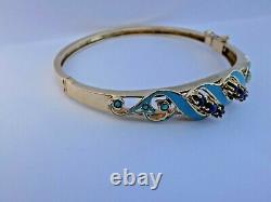 Vintage 14K Yellow Gold Sodalite, Turquoise, and Enamel Bracelet 6.5 Long