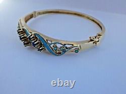 Vintage 14K Yellow Gold Sodalite, Turquoise, and Enamel Bracelet 6.5 Long