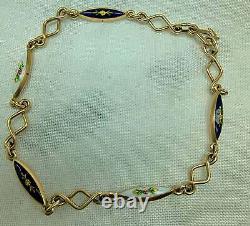 Vintage 14k yellow gold cobalt blue & white enamel painted flowers Bracelet, min