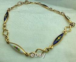 Vintage 14k yellow gold cobalt blue & white enamel painted flowers Bracelet, min