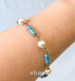 Vintage 18K 750 Pearl Blue Enamel Chain Bracelet 7 Inches