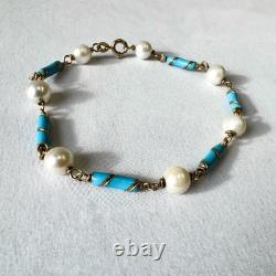 Vintage 18K 750 Pearl Blue Enamel Chain Bracelet 7 Inches