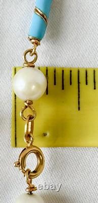 Vintage 18K 750 Pearl Blue Enamel Chain Bracelet 7 Inches