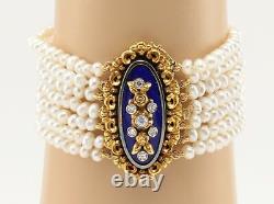 Vintage 18K Diamond Seven Multi Strand Seed Pearl Cobalt Blue Enamel Bracelet