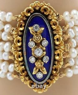 Vintage 18K Diamond Seven Multi Strand Seed Pearl Cobalt Blue Enamel Bracelet