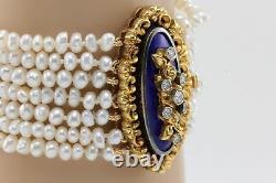 Vintage 18K Diamond Seven Multi Strand Seed Pearl Cobalt Blue Enamel Bracelet