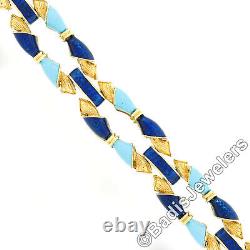 Vintage 18K Gold Royal & Turquoise Blue Enamel Textured Open Fancy Link Bracelet