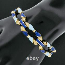 Vintage 18K Gold Royal & Turquoise Blue Enamel Textured Open Fancy Link Bracelet