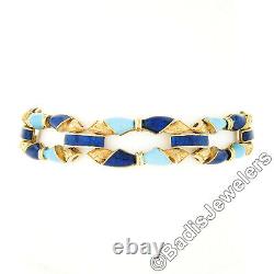 Vintage 18K Gold Royal & Turquoise Blue Enamel Textured Open Fancy Link Bracelet