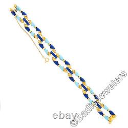 Vintage 18K Gold Royal & Turquoise Blue Enamel Textured Open Fancy Link Bracelet