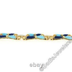 Vintage 18K Gold Royal & Turquoise Blue Enamel Textured Open Fancy Link Bracelet