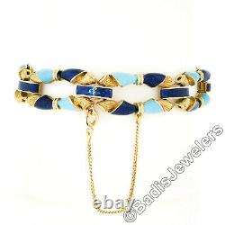 Vintage 18K Gold Royal & Turquoise Blue Enamel Textured Open Fancy Link Bracelet