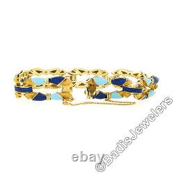 Vintage 18K Gold Royal & Turquoise Blue Enamel Textured Open Fancy Link Bracelet