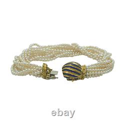 Vintage 18K Yellow Gold Blue Enamel Multi Strand Pearls Elegant Bracelet