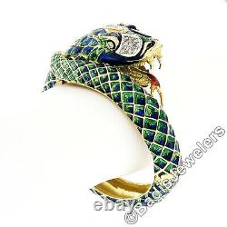 Vintage 18k Gold 0.75ct Diamond Green & Blue Enamel Snake Dragon Bangle Bracelet