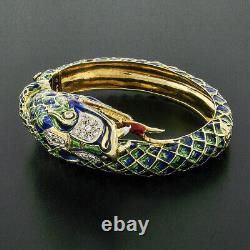 Vintage 18k Gold 0.75ct Diamond Green & Blue Enamel Snake Dragon Bangle Bracelet