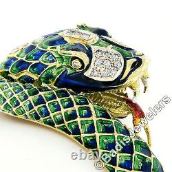 Vintage 18k Gold 0.75ct Diamond Green & Blue Enamel Snake Dragon Bangle Bracelet