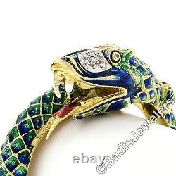 Vintage 18k Gold 0.75ct Diamond Green & Blue Enamel Snake Dragon Bangle Bracelet