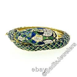 Vintage 18k Gold 0.75ct Diamond Green & Blue Enamel Snake Dragon Bangle Bracelet