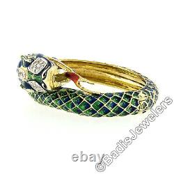 Vintage 18k Gold 0.75ct Diamond Green & Blue Enamel Snake Dragon Bangle Bracelet