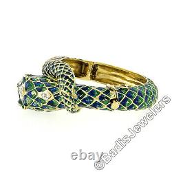 Vintage 18k Gold 0.75ct Diamond Green & Blue Enamel Snake Dragon Bangle Bracelet