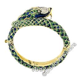 Vintage 18k Gold 0.75ct Diamond Green & Blue Enamel Snake Dragon Bangle Bracelet