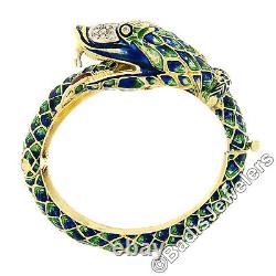 Vintage 18k Gold 0.75ct Diamond Green & Blue Enamel Snake Dragon Bangle Bracelet