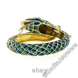 Vintage 18k Gold 0.75ct Diamond Green & Blue Enamel Snake Dragon Bangle Bracelet