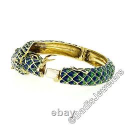 Vintage 18k Gold 0.75ct Diamond Green & Blue Enamel Snake Dragon Bangle Bracelet