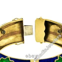 Vintage 18k Gold 2.64ctw Diamond Green & Blue Enamel Wide Open Bangle Bracelet