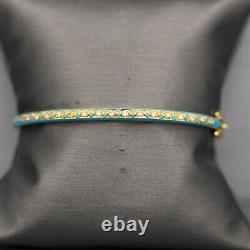 Vintage 18k Turquoise Enamel and Diamond Hinged Oval Bangle Bracelet in Yellow G