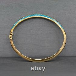 Vintage 18k Turquoise Enamel and Diamond Hinged Oval Bangle Bracelet in Yellow G