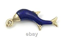Vintage 18k Yellow Gold Blue Enamel Fish Bracelet Charm 2.2 Grams