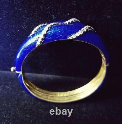 Vintage 18k Yellow Gold Diamond Platinum Cobalt Blue Enamel Bangle 59.1 Jewelry