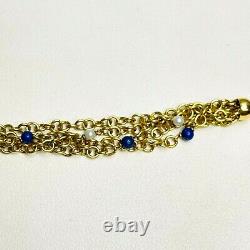 Vintage 18k Yellow Gold Multi-Strand Pearl and Blue Enamel Beads Heart Bracelet