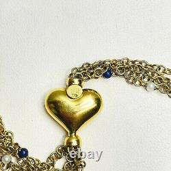 Vintage 18k Yellow Gold Multi-Strand Pearl and Blue Enamel Beads Heart Bracelet