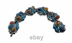 Vintage 1940's Blue Enamel Crystal Cabochon Leaf Flower Tutti Frutti Bracelet