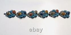 Vintage 1940's Blue Enamel Crystal Cabochon Leaf Flower Tutti Frutti Bracelet