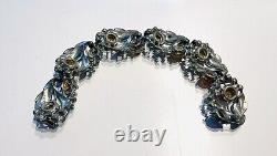 Vintage 1940's Blue Enamel Crystal Cabochon Leaf Flower Tutti Frutti Bracelet