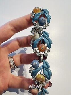 Vintage 1940's Blue Enamel Crystal Cabochon Leaf Flower Tutti Frutti Bracelet