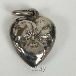 Vintage 1940's Sterling Blue Enamel Silver Puffy Heart Bracelet Charm Two Sided