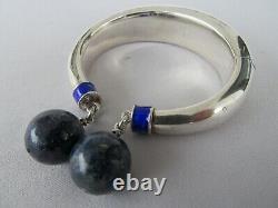 Vintage 1960's GUCCI Sterling Silver, Enamel, Blue Lapis Lazuli Cuff Bracelet