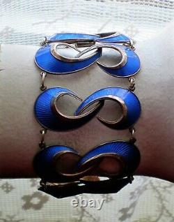 Vintage 1960's Hans Myhre Norway 925 S Sterling Silver Blue Enamel Wide Bracelet