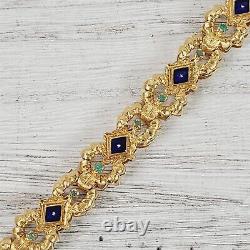 Vintage 1960's Unoaerre 18K Yellow Gold Enamel Emerald Link Bracelet 6 Heavy