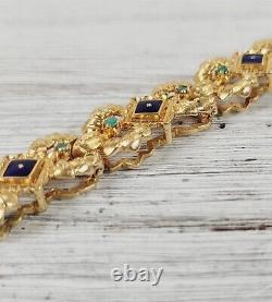 Vintage 1960's Unoaerre 18K Yellow Gold Enamel Emerald Link Bracelet 6 Heavy