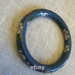 Vintage 1970's Chinese Blue Floral Cloisonne Bangle 8 Inner Circumference